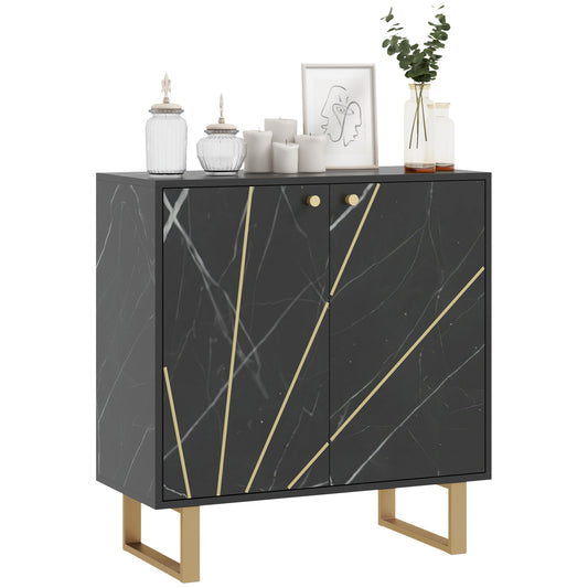 Buffetkast – Opbergkast – Dressoir – Kast – Kast Met Deuren – Zwarte Marmerlook – Verstelbare Plank – Metalen Poten – Compact 76x35x77 cm
