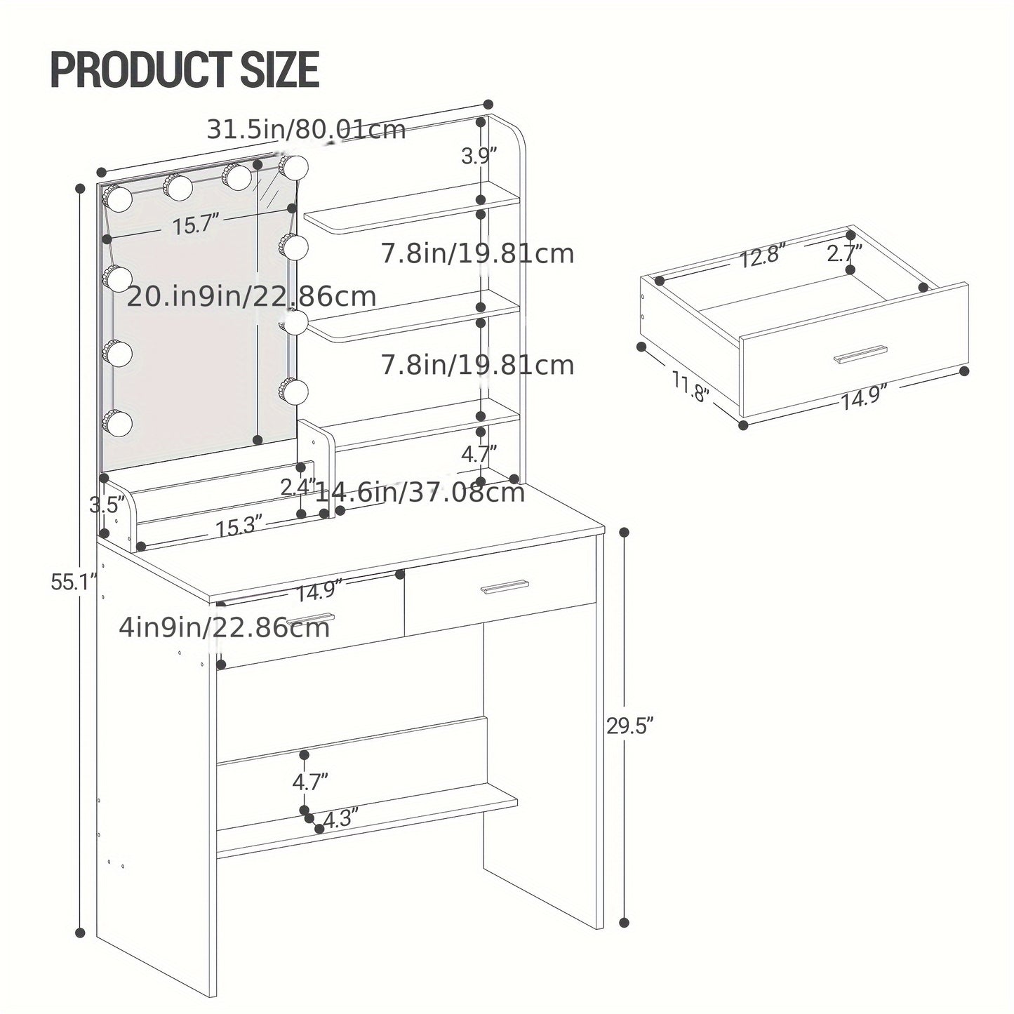 Dressing Table With Mirror And 10 LED Lights, Dressing Table With 3 Shelves & 4 Open Compartments, Dressing Table With Large Drawer & Cabinet, 3 Adjustable Lighting Brightness, White
