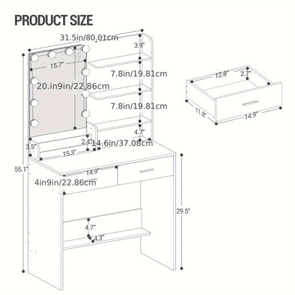 Dressing Table With Mirror And 10 LED Lights, Dressing Table With 3 Shelves & 4 Open Compartments, Dressing Table With Large Drawer & Cabinet, 3 Adjustable Lighting Brightness, White