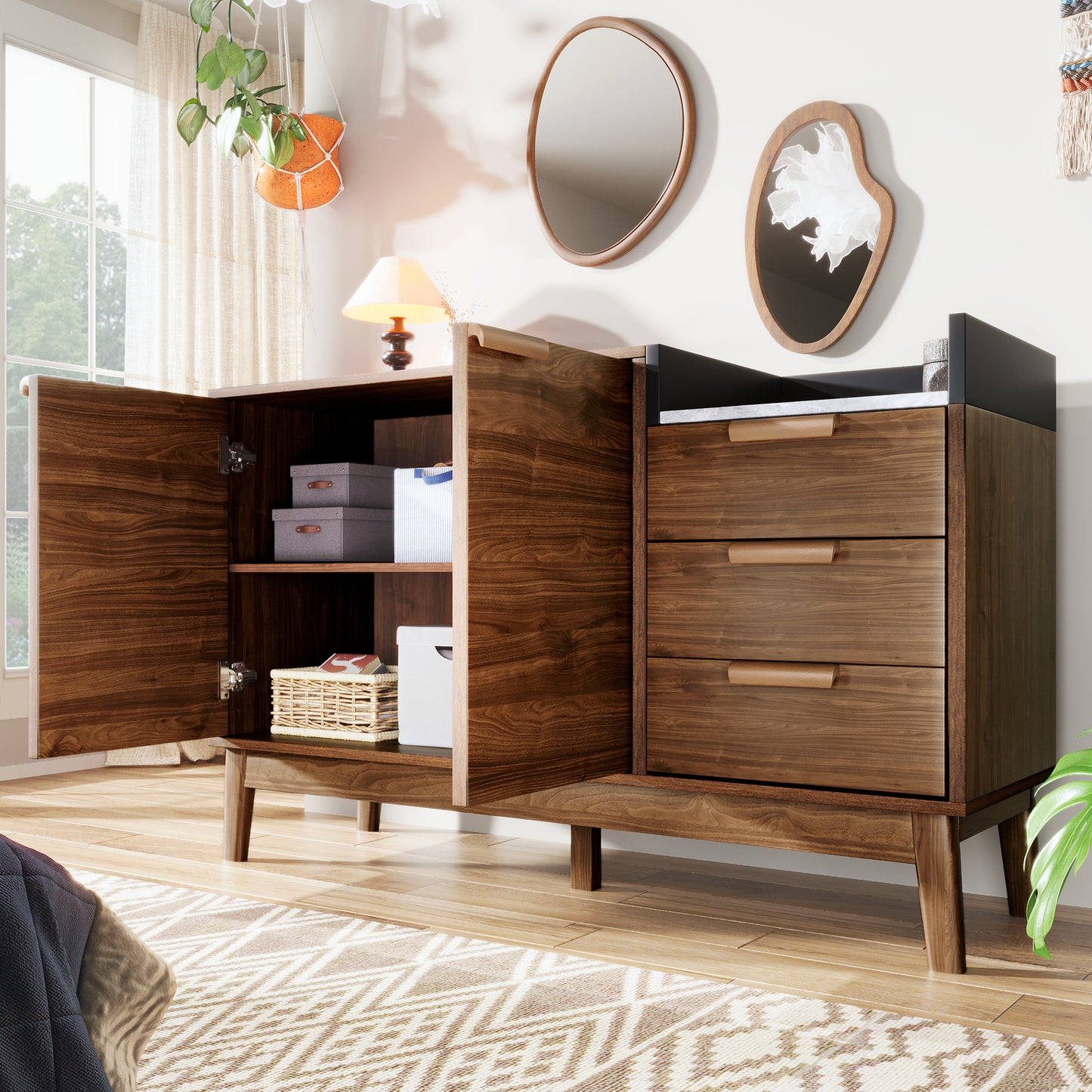 Dressoir – Sideboard – Buffetkast – Opbergkast – Kast – Eikenhout Met Marmerlook – Verstelbare Planken – 11 cm Hoogte Voor Robotstofzuiger