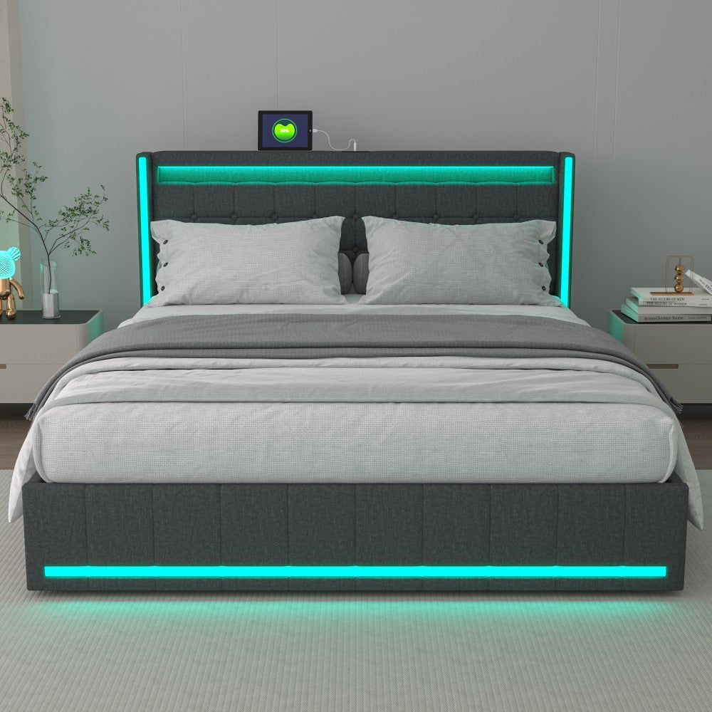 Bed 140x200 – Tweepersoonsbed – Stapelbed – Linnen Bed – Opbergbed – Ingebouwde LED-Verlichting – USB-Poort – Donkergrijs – 4 Laden – Houten Lattenbodem