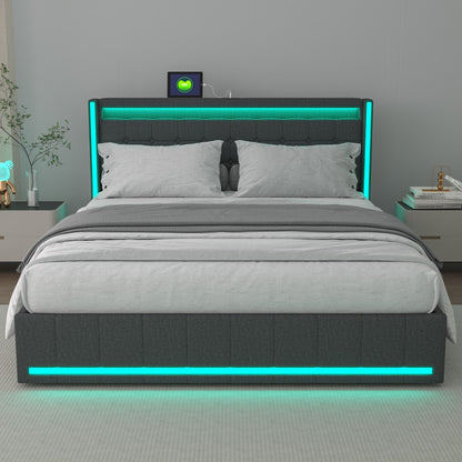 Bed 140x200 – Tweepersoonsbed – Stapelbed – Linnen Bed – Opbergbed – Ingebouwde LED-Verlichting – USB-Poort – Donkergrijs – 4 Laden – Houten Lattenbodem