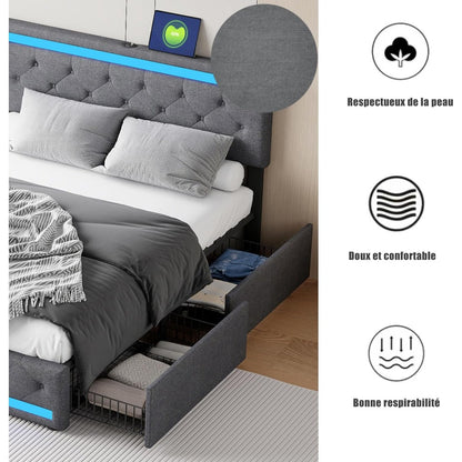 Bedframe 140x190 – Tweepersoonsbed – Opbergbed – Gestoffeerd Bed – Lattenbodem – Met LED-verlichting – USB-poorten – 4 Opberglades – Grijs Linnen – Zonder Matras