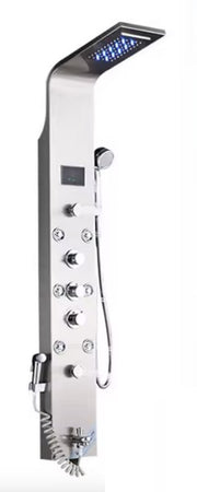 Shower faucet - Rain shower - Shower head - Shower panel - 6 in 1 - Rain shower - Waterfall shower - Faucet - Bidet - Massage jet - Hand shower - Water flow fed - Lighting and LED display - Brushed nickel