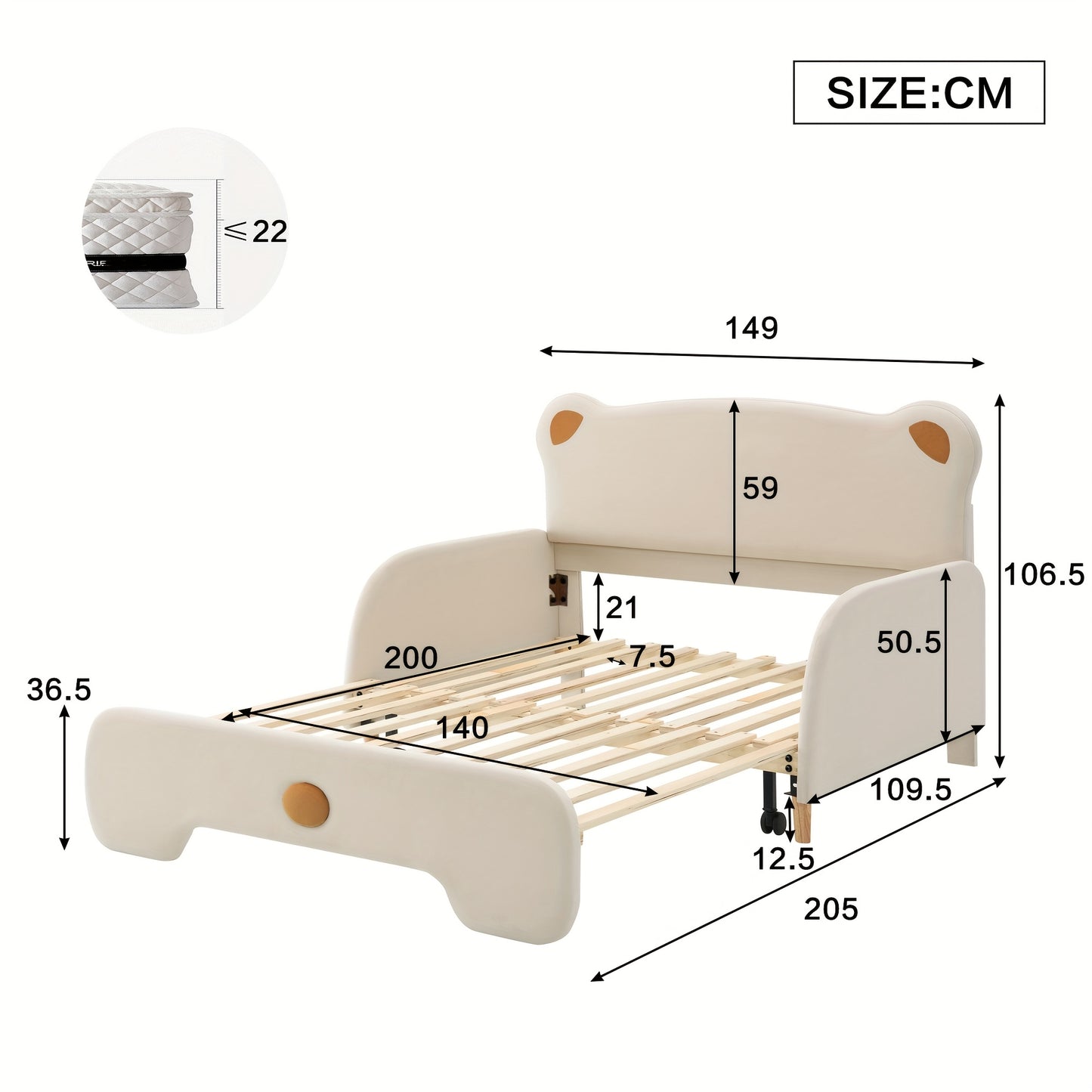 Berenbed – Berenbedbank – Kinderbed – Slaapbank – Uitschuifbed – Beige Kleur – Zachte Beschermranden – Duurzaam Bamboe Materiaal