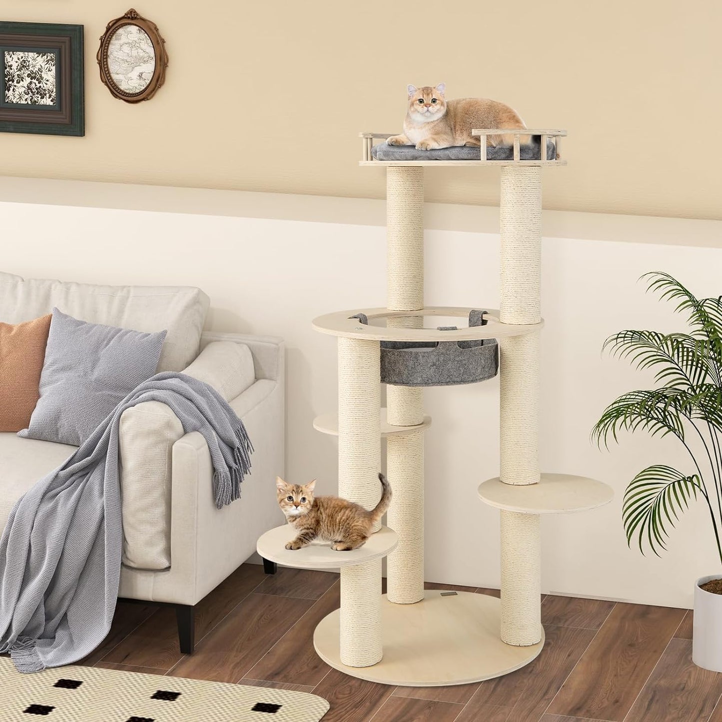 Krabpaal – Krabmeubel – Kattenboom – Krabton – Kattenhuis – Hout en Sisal – 150 cm Hoog – Met Hangmat