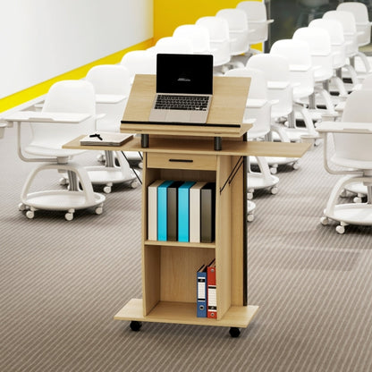 Presentatiewagen – Mobiel Presentatiepodium – Laptoptafel – Podium met Opbergruimte – Verrijdbaar Trolley – Inklapbare Zijpanelen – Stevig Hout – Ergonomische Hoogte 117 cm