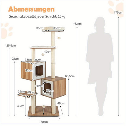 Krabpaal Kat – Kattenboom – Kattenhuis – Klimpaal – Krabtoren – 163 cm Hoog – MDF & Sisal – 2 Ruime Condo’s – Pluche Zitplek – Speelballen – Geschikt Voor Grote Katten