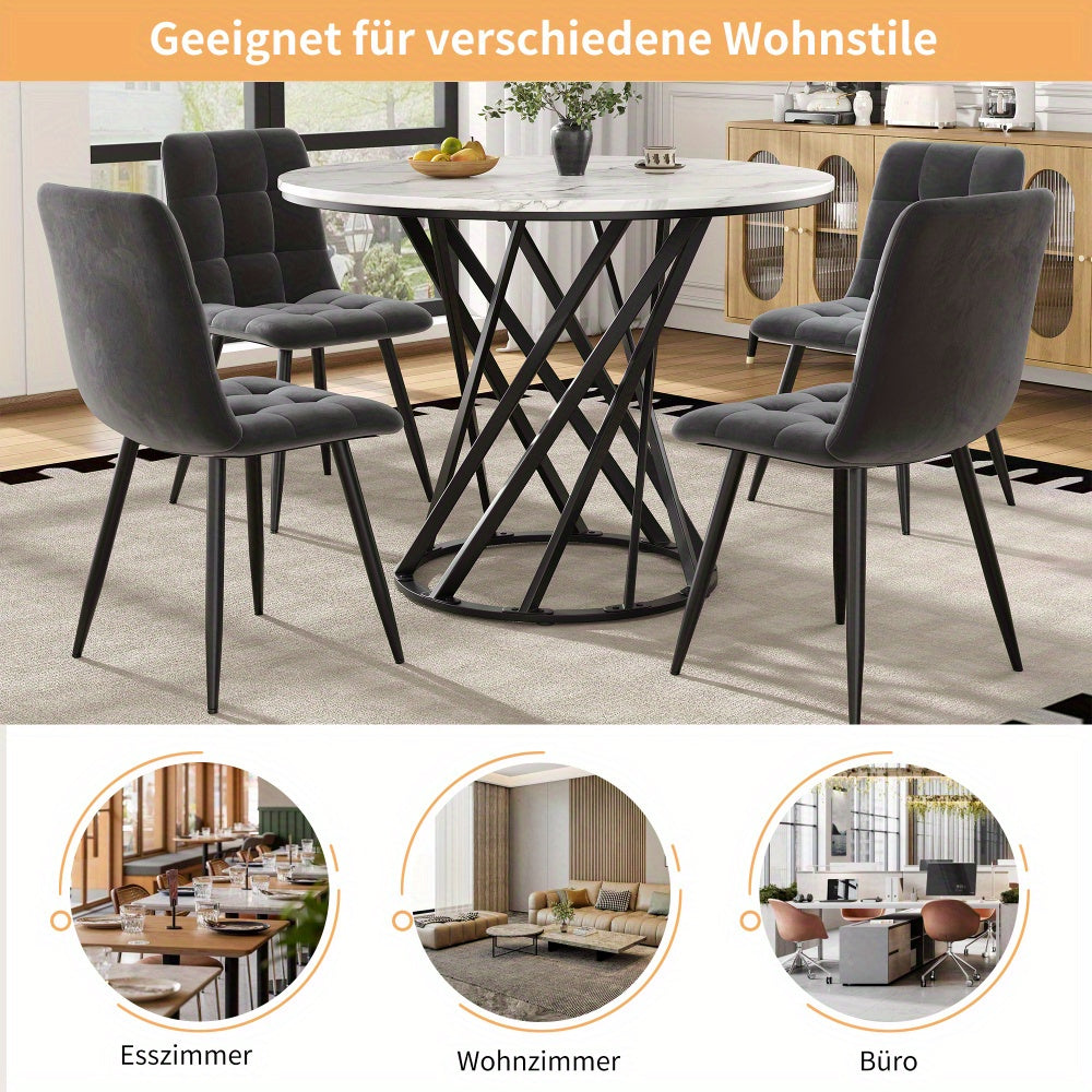 Ronde Eettafel – Ronde Tafel – Uitklapbare Tafel – Keukentafel – Koffietafel – Wit Marmerblad – Zwart Metalen Poten – Uitbreidbaar – 80×80×76 cm