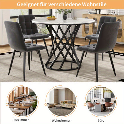 Ronde Eettafel – Ronde Tafel – Uitklapbare Tafel – Keukentafel – Koffietafel – Wit Marmerblad – Zwart Metalen Poten – Uitbreidbaar – 80×80×76 cm