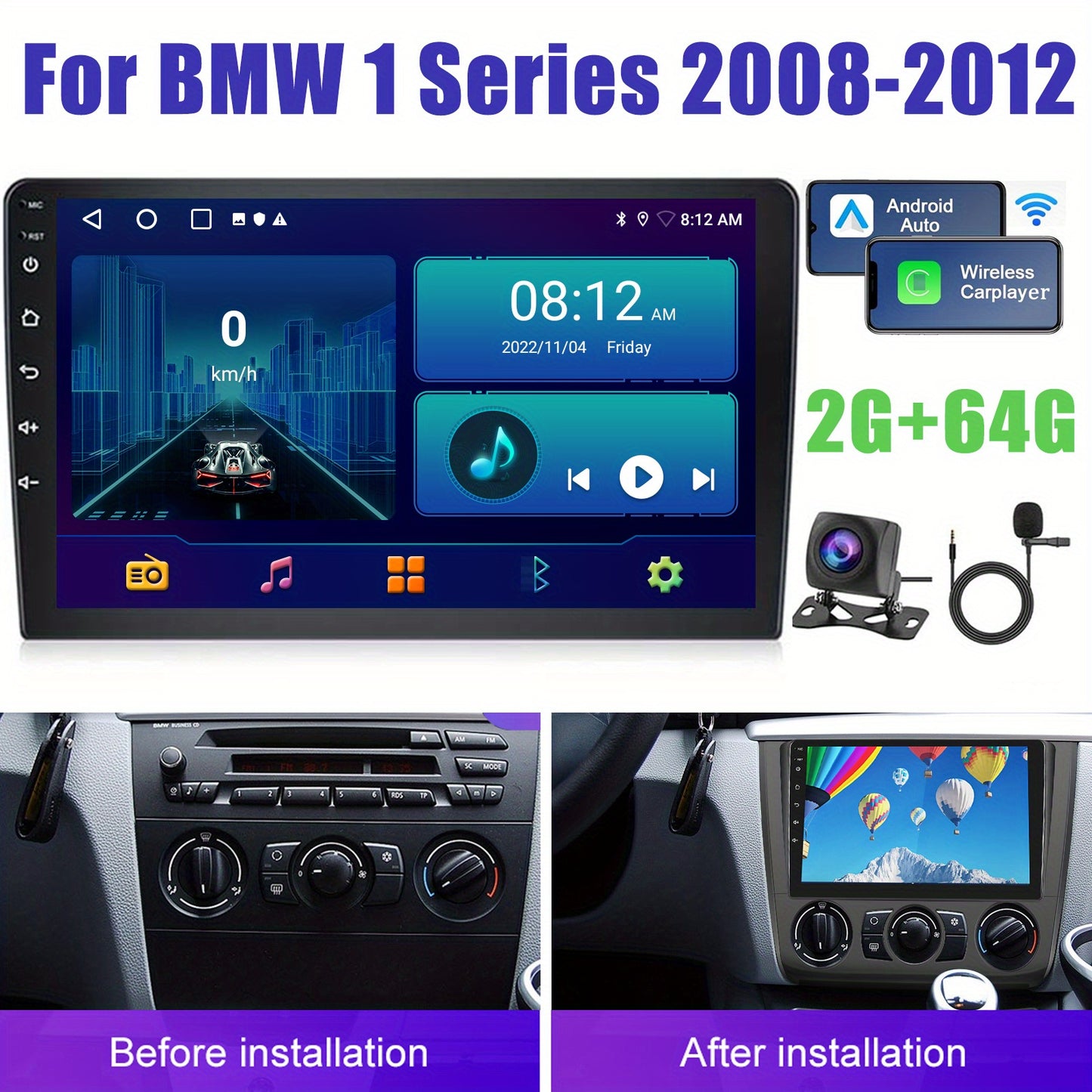 [2G + 64G] PODOFO Android 13 Car Radio for BMW 1 Series 2008-2012, 22.86 cm 2 DIN Touchscreen with Wireless Carplay Android Car, B/ T GPS WiFi 59UI RDS Mic Reversing