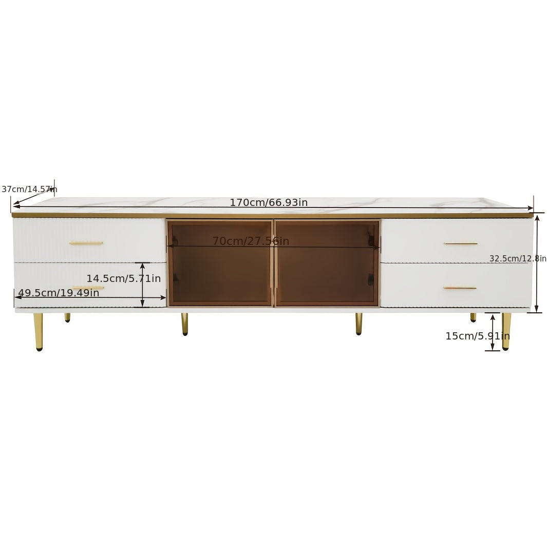 tv-meubel – tv-kast – tv-dressoir – televisie meubel – media meubel – wit met marmerlook – 4 lades – duurzaam niet-hout materiaal – 170x37x47,5 cm – gouden details