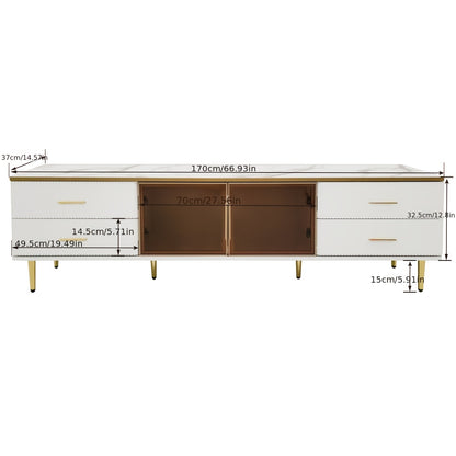 tv-meubel – tv-kast – tv-dressoir – televisie meubel – media meubel – wit met marmerlook – 4 lades – duurzaam niet-hout materiaal – 170x37x47,5 cm – gouden details