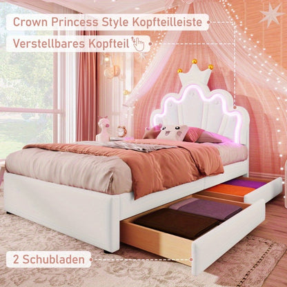 Princess Bed – Kinderbed – Jeugdbed – Bed Met Opberglades – LED Bed – 90x200 cm – Verstelbare Hoofdbord Met Afstandsbediening