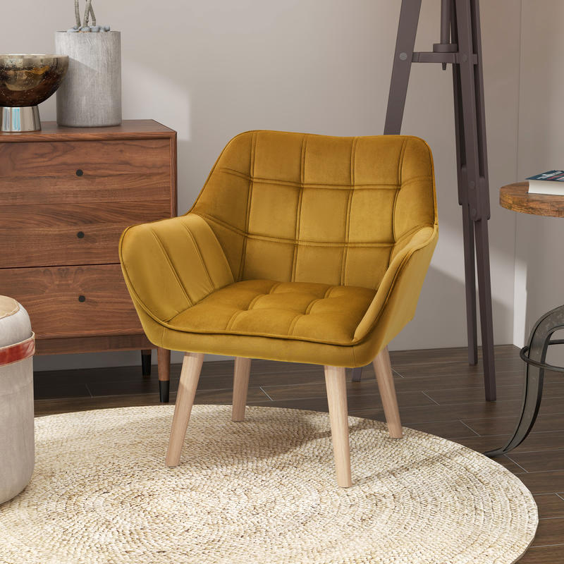 Scandinavian Modern Accent Chair with Mustard-Yellow Velvet-Like Upholstery - Heavy-Duty 120kg Weight Capacity, Rubberwood Legs & Easy Assembly - Vibrant Yellow Armchair for Living Room, Bedroom, Office - Durable Comfortable