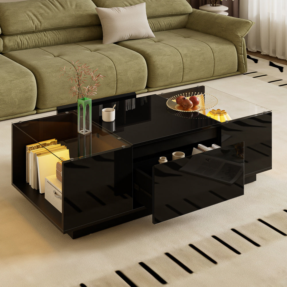 Salontafel – Koffietafel – Bijzettafel – Tafel – Woonkamertafel – Modern minimalistisch design – Glazen tafelblad met 2 lades – 105 cm – Metaalframe compacte salontafel