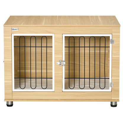 Hondenbench – Hondenkooi – Hondenkist – Reismand – Bench Voor Medium Honden – Wasbaar Kussen – 2 Deuren Met Slot – 90x58x65 cm – Natuurlijk Houtdesign