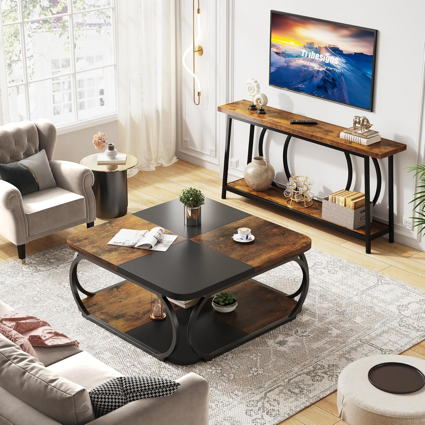 Salontafel – Koffietafel – Woonkamertafel – Tafel – Bijzettafel – Houtcomposiet – 100x100x50 cm – Rustiek Bruin en Zwart