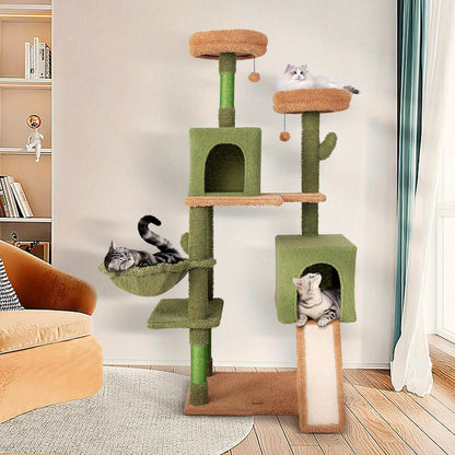 Krabpaal – Kattenboom – Krabmeubel – Kattentoren – Kattenhuis – Cactusvorm – 152 cm Hoog – Met Hangmat en Sisal Krabpalen