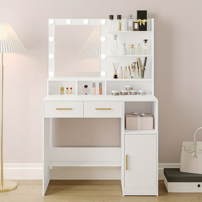 Kaptafel – Make-up Tafel – Vanity – Dressing Table – Cosmeticatafel – Met Spiegel en 10 LED Lampen – Verstelbare Helderheid – 2 Lades & 1 Kast – 3 Planken & 4 Open Vakken – Wit – MDF