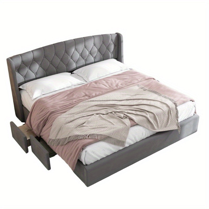 Bedframe – Stoffen Bed – Tweepersoonsbed – Opbergbed – Slaapbank – 180x200 cm – Met 4 Opberglades – Stevige Draadbodem