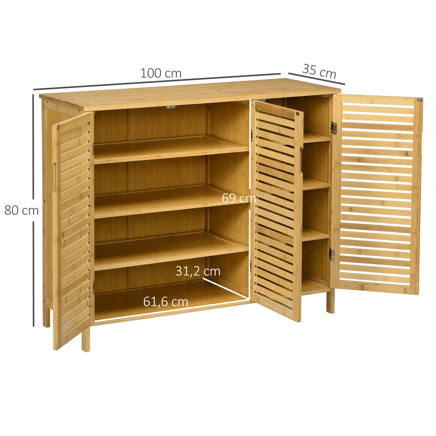 Schoenenkastje – Schoenopberger – Schoenrek – Schoenenkast – Schoenmeubel – Natuurlijk Hout – 3 Deuren Met Verstelbare Planken – Compact 100x35x80 Cm