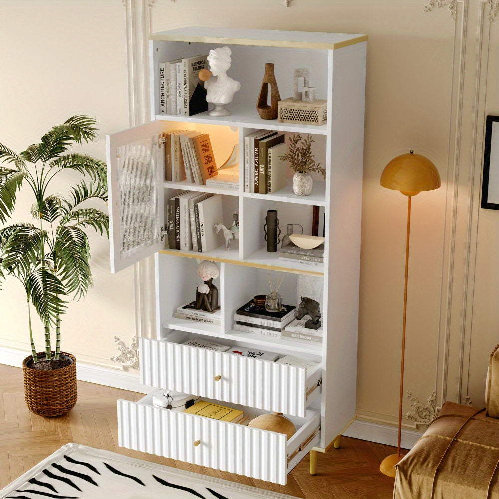 Boekenkast – Boekenrek – Opbergkast – Vakkenkast – Stellingkast – Wit – Transparante Deuren – Geruisloze Laden – 78x36x180 cm – Metalen Voet – Vrijstaand Design
