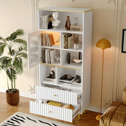 Boekenkast – Boekenrek – Opbergkast – Vakkenkast – Stellingkast – Wit – Transparante Deuren – Geruisloze Laden – 78x36x180 cm – Metalen Voet – Vrijstaand Design