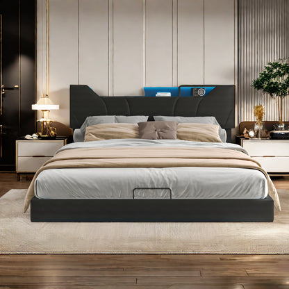 Gestoffeerd Bed – Tweepersoonsbed – Opbergbed – Led Sfeerverlichting Bed – Bed Met USB Oplader – 140x200 cm – Opbergruimte Met Hydraulische Gasveren – Lattenbodem & Zwart PU-Leder