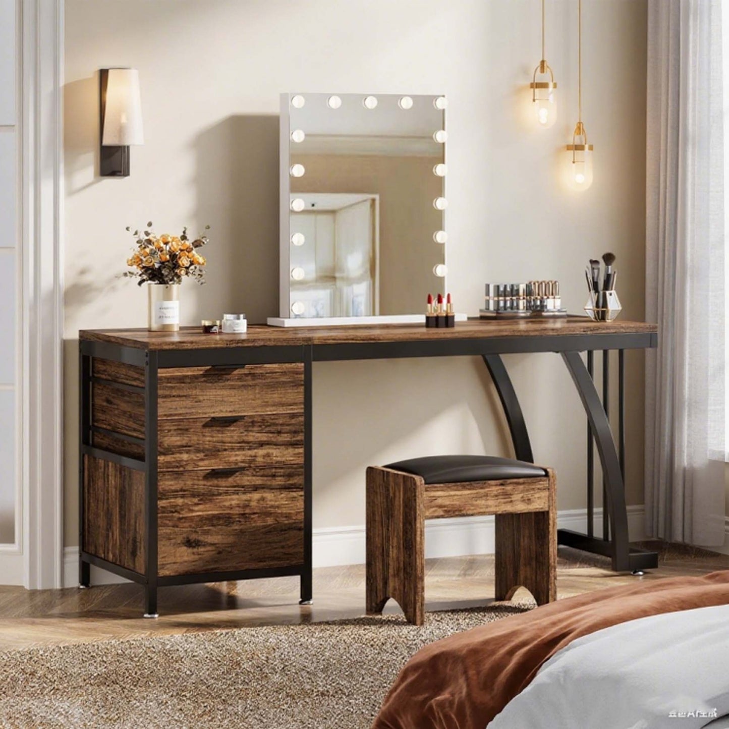 Bureau – Computertafel – Werkplek – Schrijftafel – Computerbureau – 150 cm Breed Werkblad – Stevig Metalen Frame Met 3 Ruime Lades – Massief Hout & MDF – Verstelbare Pootjes – Rustic Brown