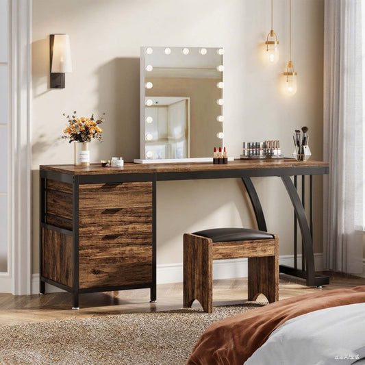 Bureau – Computertafel – Werkplek – Schrijftafel – Computerbureau – 150 cm Breed Werkblad – Stevig Metalen Frame Met 3 Ruime Lades – Massief Hout & MDF – Verstelbare Pootjes – Rustic Brown