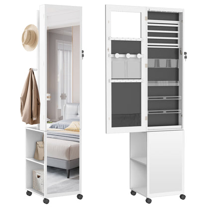 Sieradenkast – Sieradenopberger – Spiegelkast – Juvelenkast – Make-upkast – 360° Draaibare Spiegel – Afsluitbaar Met Slot – MDF & Staal – Wit – Met Wieltjes