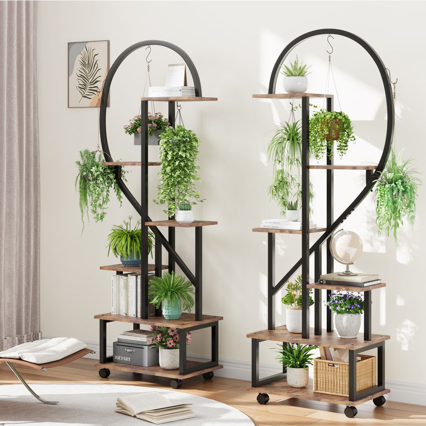 Plantenrek – Plantenstandaard – Plantentafel – Plantenrekken – Bloemenrek – 2 stuks 6 niveaus – Met laden en afneembare wieltjes – Stevig metalen half-hartvormig design