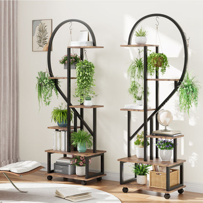 Plantenrek – Plantenstandaard – Plantentafel – Plantenrekken – Bloemenrek – 2 stuks 6 niveaus – Met laden en afneembare wieltjes – Stevig metalen half-hartvormig design