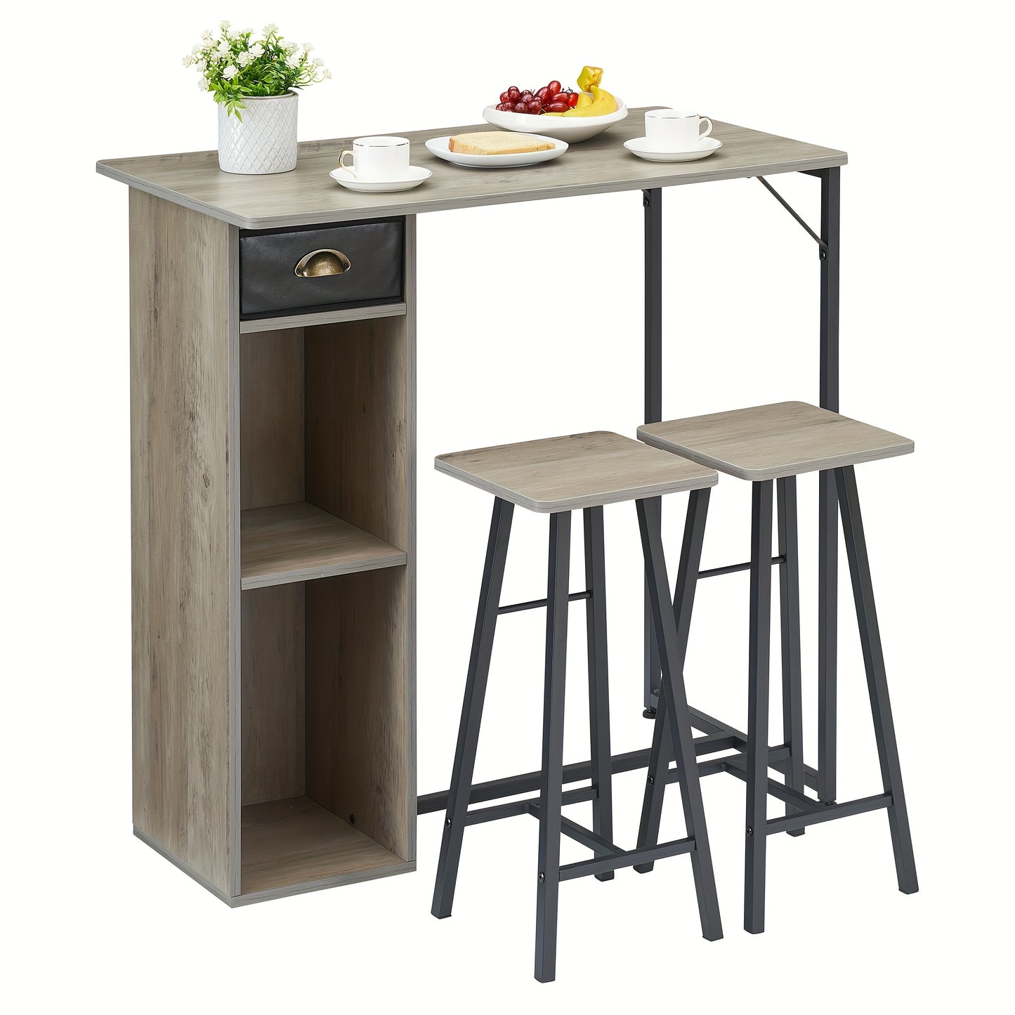 Eettafelset – Eettafel – Barkrukken – Barset – Keukentafel – Compact ontwerp – Opberglade en planken – Rustiek grijs