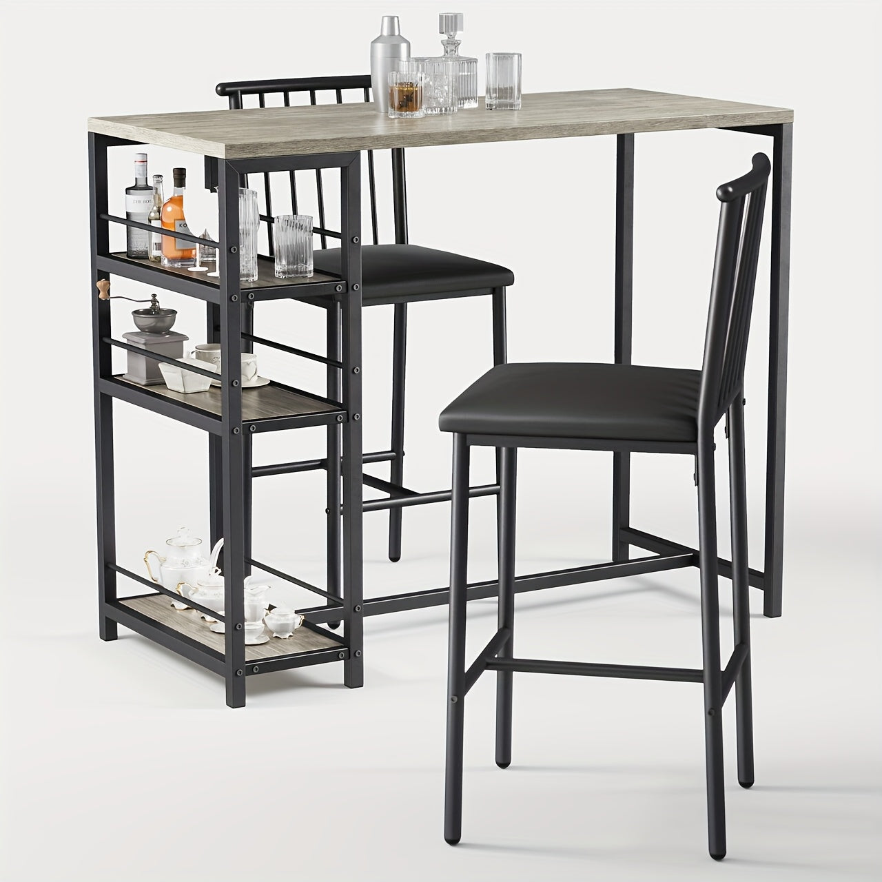 Eettafelset – Eettafel Set – Eetkamerset – Keukentafel Set – Bistroset – Compact Design – Stevige Hardhouten Constructie – Donkerbruin/Zwart – Met Opbergrek – 3-delig met Gestoffeerde Stoelen