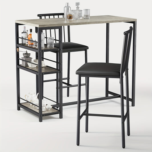 Eettafelset – Eettafel Set – Eetkamerset – Keukentafel Set – Bistroset – Compact Design – Stevige Hardhouten Constructie – Donkerbruin/Zwart – Met Opbergrek – 3-delig met Gestoffeerde Stoelen