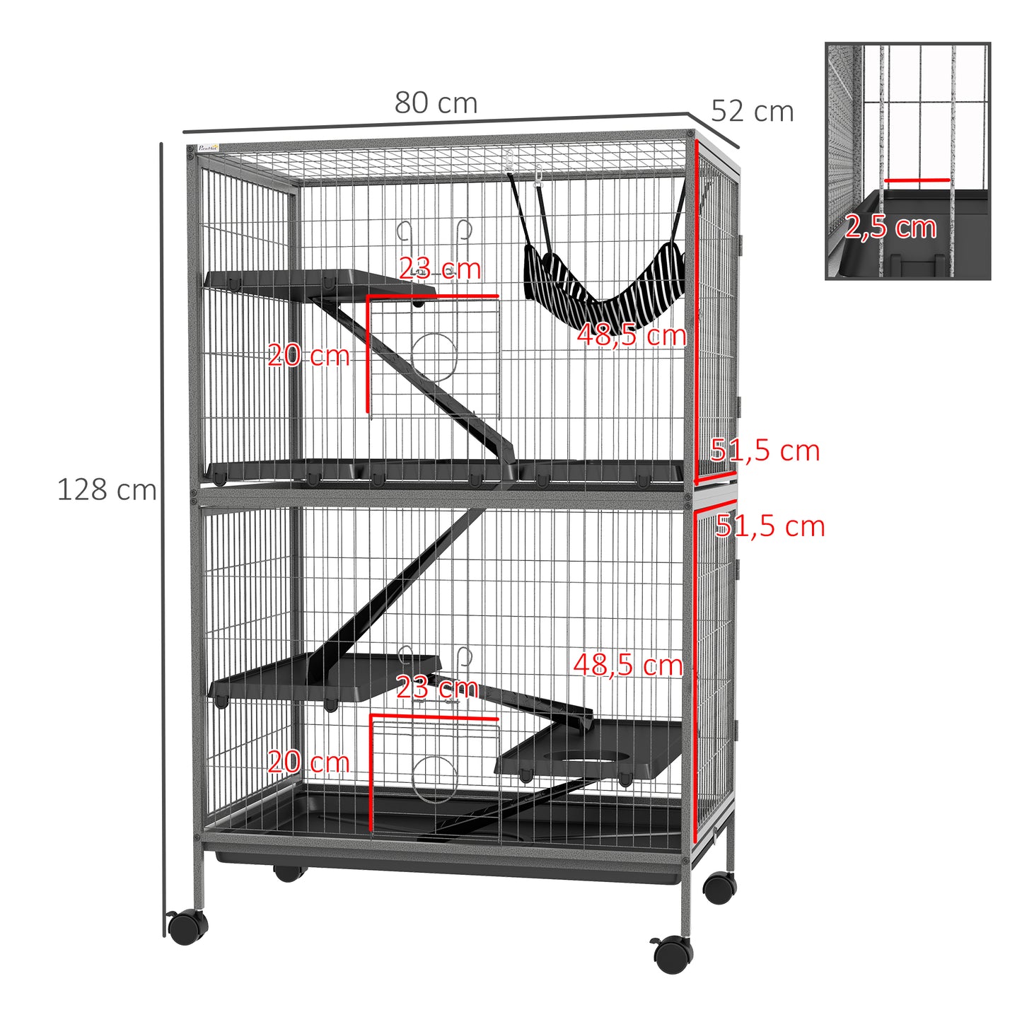 Multifunctional Rodent Cage by Pawhut with 4 Platforms, 3 Ramps, 4 Doors, Size 80L x 52W x 128H cm, Steel, Silver Gray, Black