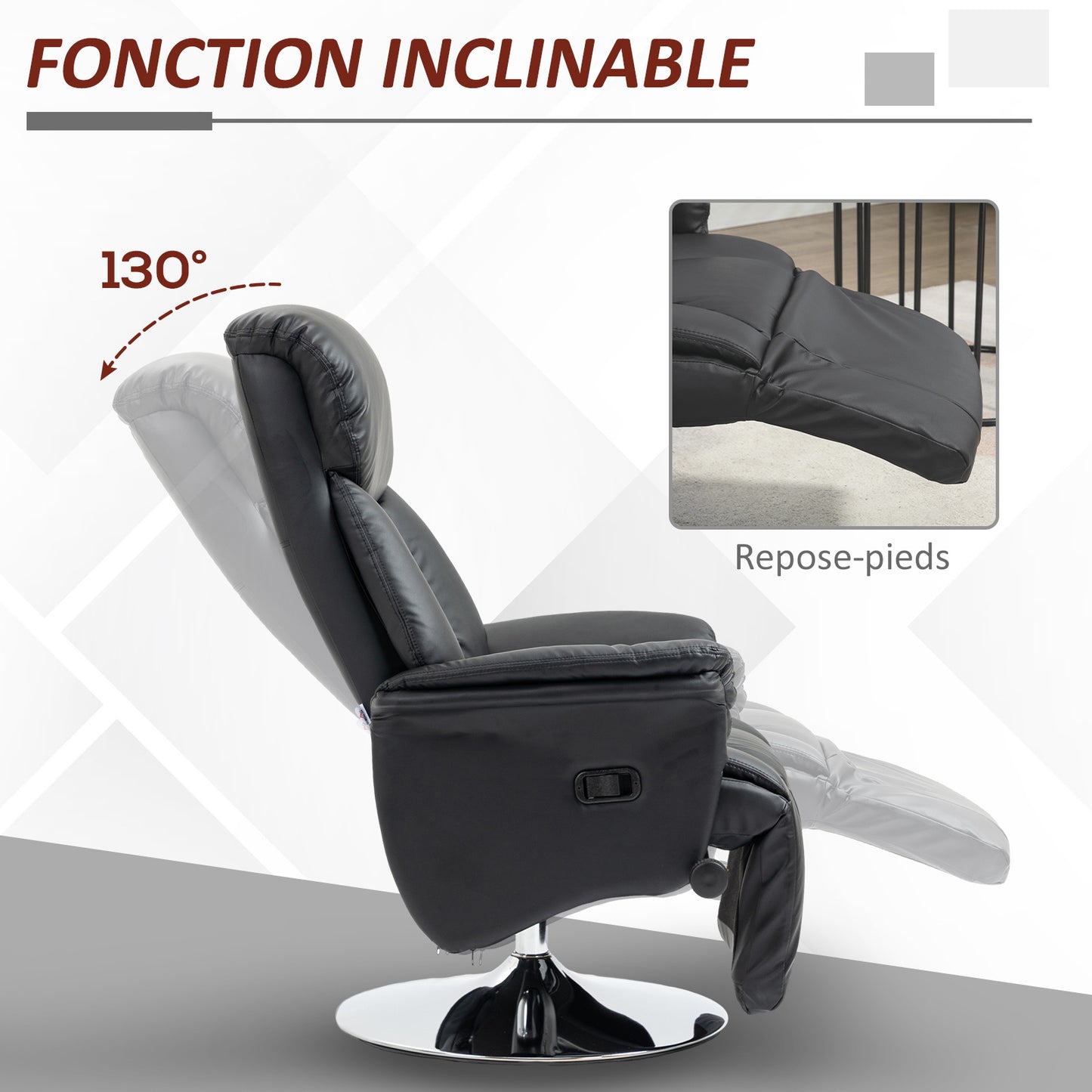 Draaifauteuil – Relaxstoel – Lounge Stoel – Verstelbare Fauteuil – TV Stoel – 360° Draaibaar – Verstelbare Voetensteun – Kunstleer Zwart – Max. 150 kg Belastbaar – Comfortabel Met Hoogwaardige Padding