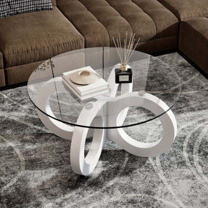 Koffietafel – Salontafel – Bijzettafel – Woonkamertafel – Rondetafel – Modern Design – Wit Glas – Ruimtebesparend – Sculpturale Oneindigheidsbasis – Diameter 80 cm – MDF & Metaal