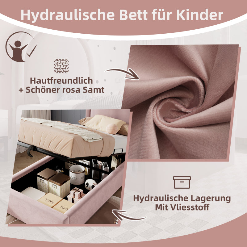 Eenpersoonsbed – Eenpersoonsbedframe – Kinderbed – Jeugdbed – Logeerbed – Vintage Fluwelen Gestoffeerd – Opbergruimte – 90x200 cm – Zonder Matras – Pastelroze – Eenvoudige Montage