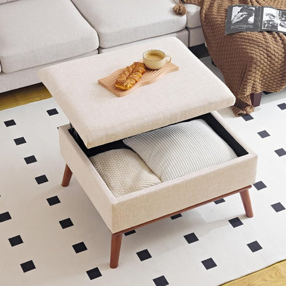 Opbergpoef – Opbergbox – Poef Met Opbergruimte – Voetenbank – Salontafel – Multifunctioneel Design – Verhoogd Hefbaar Deksel – Beige Linnen Bekleding