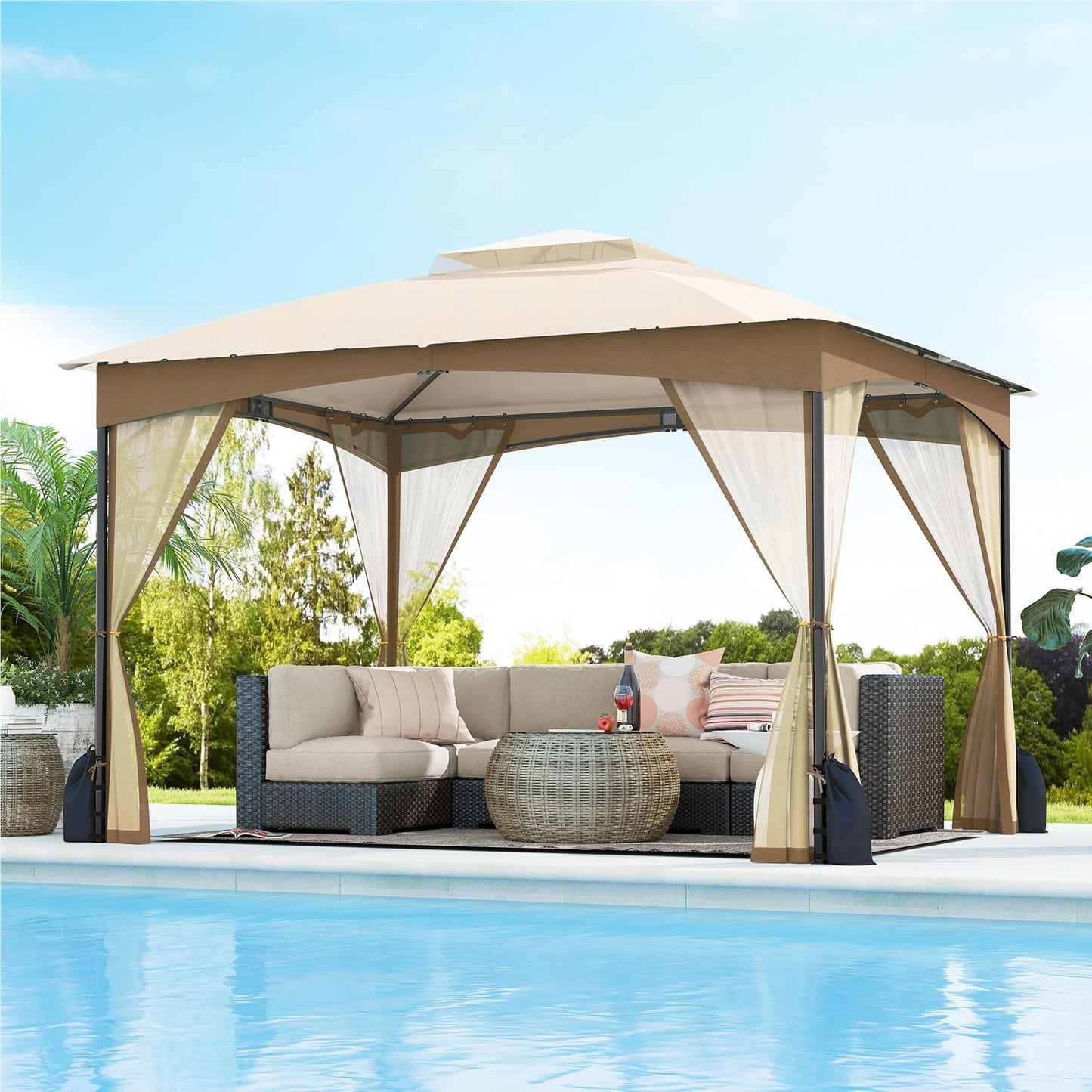 Paviljoen – Tuinpaviljoen – Partytent – Overkapping – Tuintent – 3 x 3,6 meter – Waterdicht en Winterbestendig – Inclusief 4 Muggenhorren en Zandzakken – Dubbel Dak – Khaki