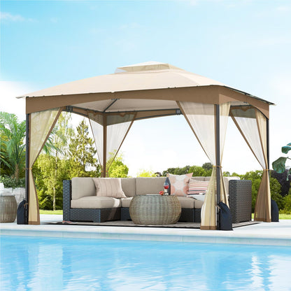 Paviljoen – Tuinpaviljoen – Partytent – Overkapping – Tuintent – 3 x 3,6 meter – Waterdicht en Winterbestendig – Inclusief 4 Muggenhorren en Zandzakken – Dubbel Dak – Khaki