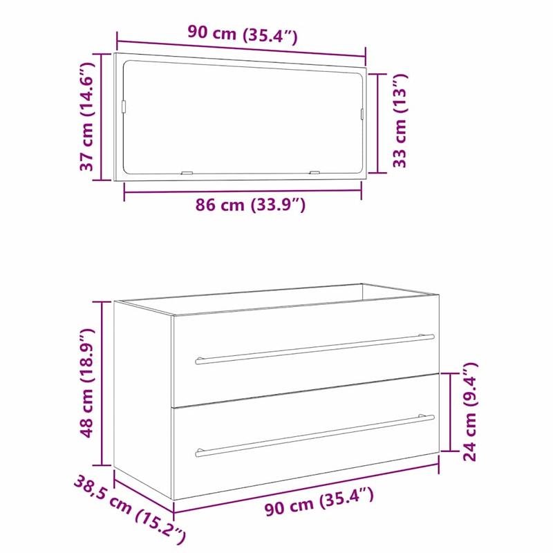 Badkamerkast – Badkamermeubel – Opbergkast – Spiegelkast – Halmeubel – Zwart Eiken Spiegel – Compact 90x45x1,5 cm – Hoogwaardig Engineered Wood