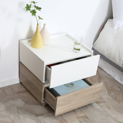 Nachtkastje – Nachtkast – Bedkastje – Bijzettafel – Opbergkast – Stapelbaar Design – Natuurlijk Hout & Wit – 50x40x47,5 cm – 2 Ruime Laden