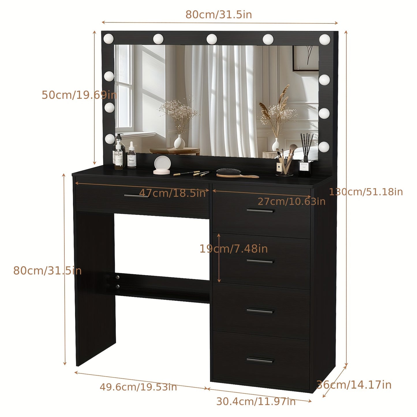 Kaptafel – Make-up Tafel – Dressing Table – Cosmeticatafel – Kapcommode – Massief Houten Zwart – Verlichte Spiegel Met 3 Lichtstanden – Ruime Lades