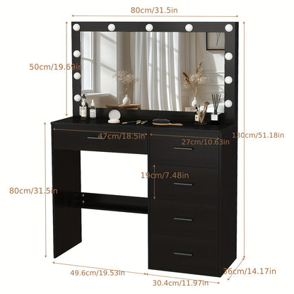 Kaptafel – Make-up Tafel – Dressing Table – Cosmeticatafel – Kapcommode – Massief Houten Zwart – Verlichte Spiegel Met 3 Lichtstanden – Ruime Lades