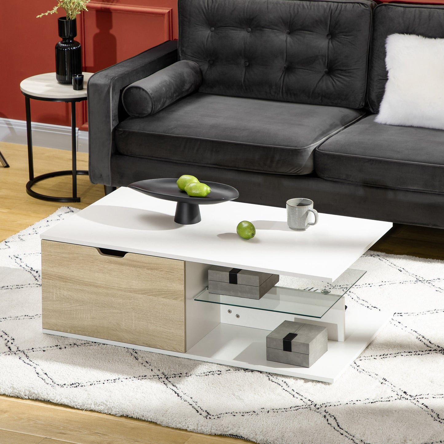 Salontafel – Koffietafel – Bijzettafel – Tafel – Woonkamertafel – Wit Met Eikenlook – 106x58x39 cm – 2 Lades En Glazen Legplank