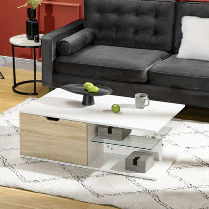 Salontafel – Koffietafel – Bijzettafel – Tafel – Woonkamertafel – Wit Met Eikenlook – 106x58x39 cm – 2 Lades En Glazen Legplank